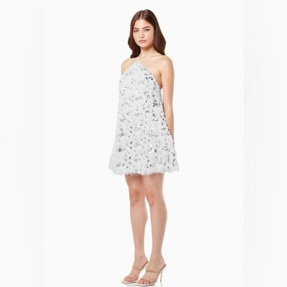 White Sequin & Feather Halter Dress